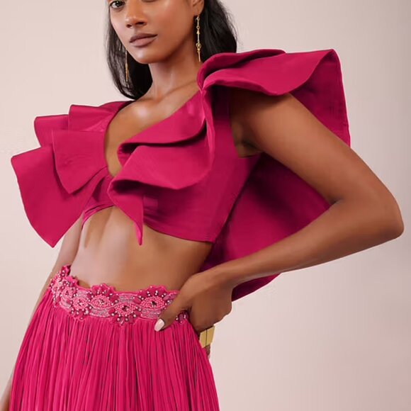 Rani Pink Indo Western Lehenga Choli And Blouse With Embroidered Belt - Picture 2 of 10